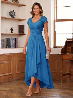 A-Line/Princess Sweetheart Short Sleeves Asymmetrical  Mother of the Bride Dresses with Appliques & Ruffles