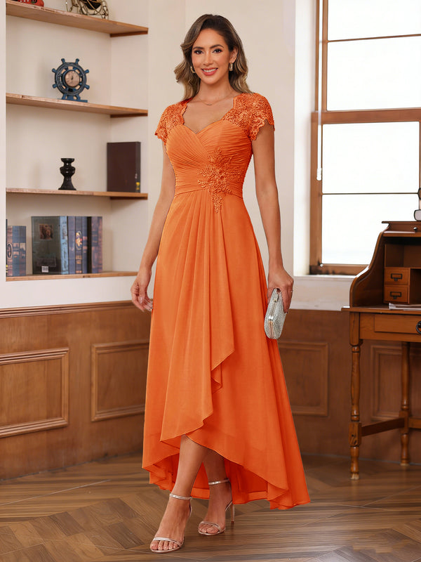 A-Line/Princess Sweetheart Short Sleeves Asymmetrical  Mother of the Bride Dresses with Appliques & Ruffles