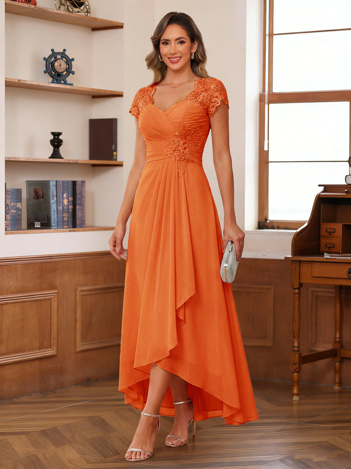 A-Line/Princess Sweetheart Short Sleeves Asymmetrical  Mother of the Bride Dresses with Appliques &amp; Ruffles