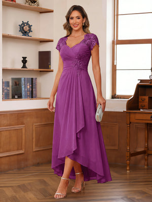 A-Line/Princess Sweetheart Short Sleeves Asymmetrical  Mother of the Bride Dresses with Appliques & Ruffles