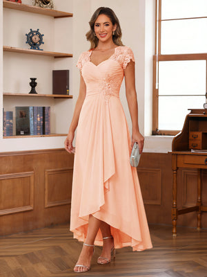 A-Line/Princess Sweetheart Short Sleeves Asymmetrical  Mother of the Bride Dresses with Appliques & Ruffles