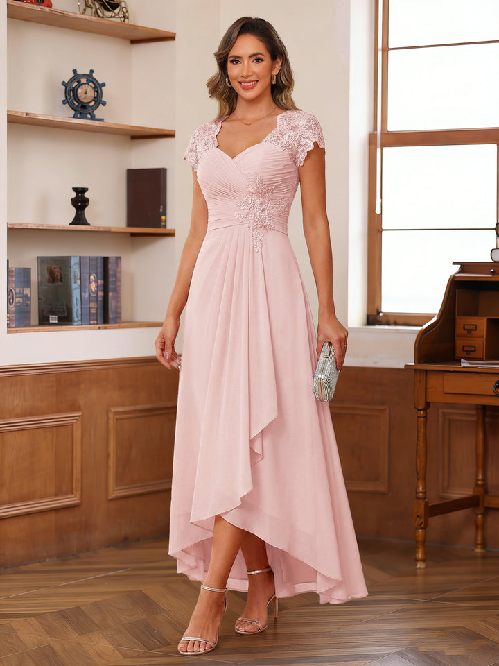 A-Line/Princess Sweetheart Short Sleeves Asymmetrical  Mother of the Bride Dresses with Appliques &amp; Ruffles