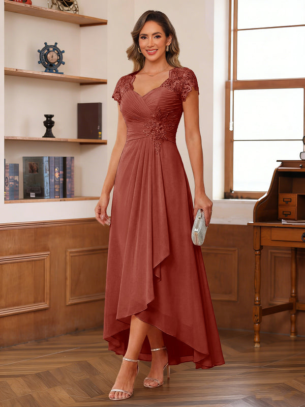 A-Line/Princess Sweetheart Short Sleeves Asymmetrical  Mother of the Bride Dresses with Appliques & Ruffles