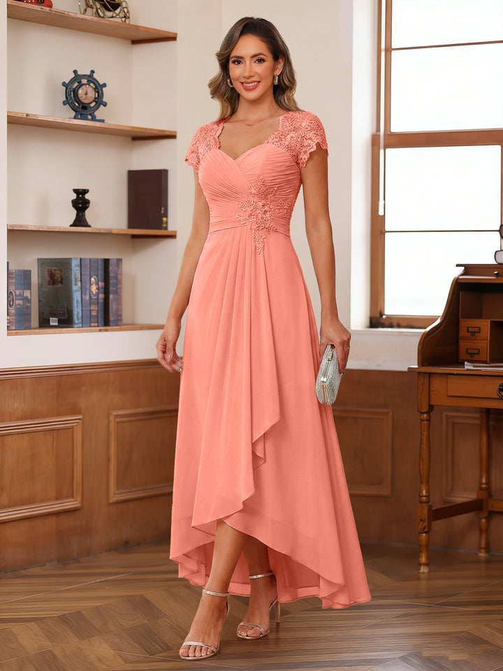 A-Line/Princess Sweetheart Short Sleeves Asymmetrical  Mother of the Bride Dresses with Appliques &amp; Ruffles