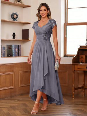 A-Line/Princess Sweetheart Short Sleeves Asymmetrical  Mother of the Bride Dresses with Appliques & Ruffles