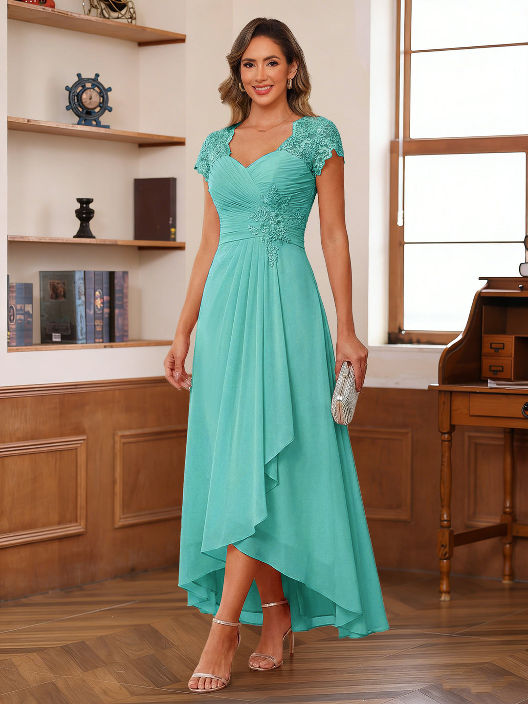 A-Line/Princess Sweetheart Short Sleeves Asymmetrical  Mother of the Bride Dresses with Appliques &amp; Ruffles