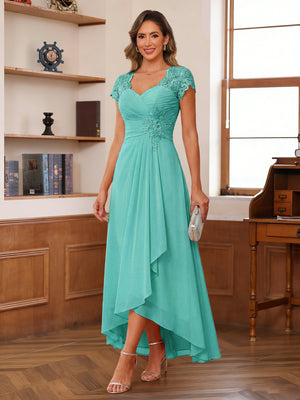 A-Line/Princess Sweetheart Short Sleeves Asymmetrical  Mother of the Bride Dresses with Appliques & Ruffles
