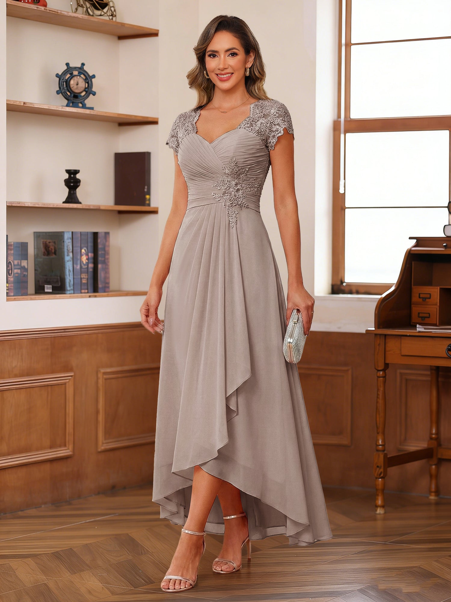 A-Line/Princess Sweetheart Short Sleeves Asymmetrical  Mother of the Bride Dresses with Appliques & Ruffles