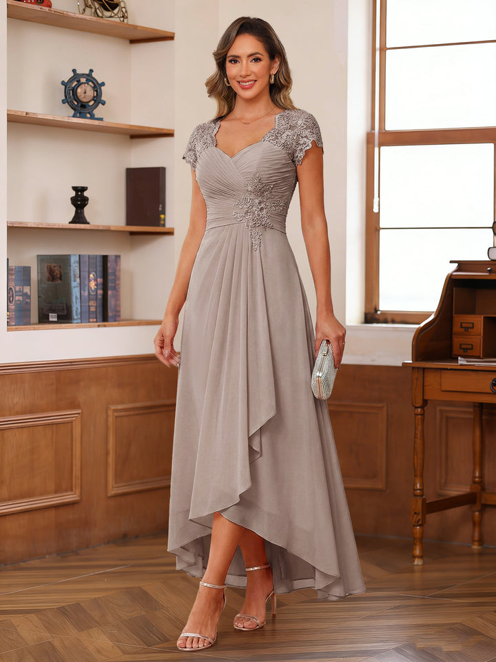 A-Line/Princess Sweetheart Short Sleeves Asymmetrical  Mother of the Bride Dresses with Appliques &amp; Ruffles