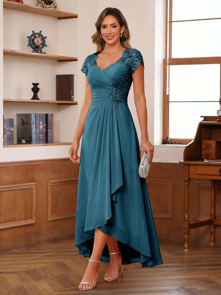A-Line/Princess Sweetheart Short Sleeves Asymmetrical  Mother of the Bride Dresses with Appliques &amp; Ruffles