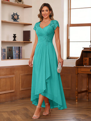 Lavetir Peacock A-Line/Princess Sweetheart Short Sleeves Asymmetrical Mother of the Bride Dresses with Appliques & Ruffles 2026 Lavetir Peacock A-Line/Princess Sweetheart Short Sleeves Asymmetrical Mother of the Bride Dresses with Appliques & Ruffles 2026