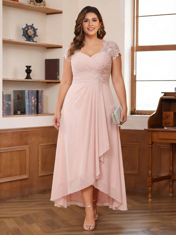 A-Line/Princess Sweetheart Short Sleeves Asymmetrical Plus Size Mother of the Bride Dresses with Appliques & Ruffles