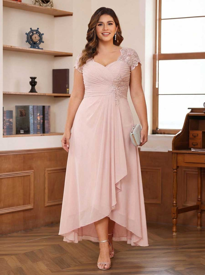 A-Line/Princess Sweetheart Short Sleeves Asymmetrical Plus Size Mother of the Bride Dresses with Appliques &amp; Ruffles