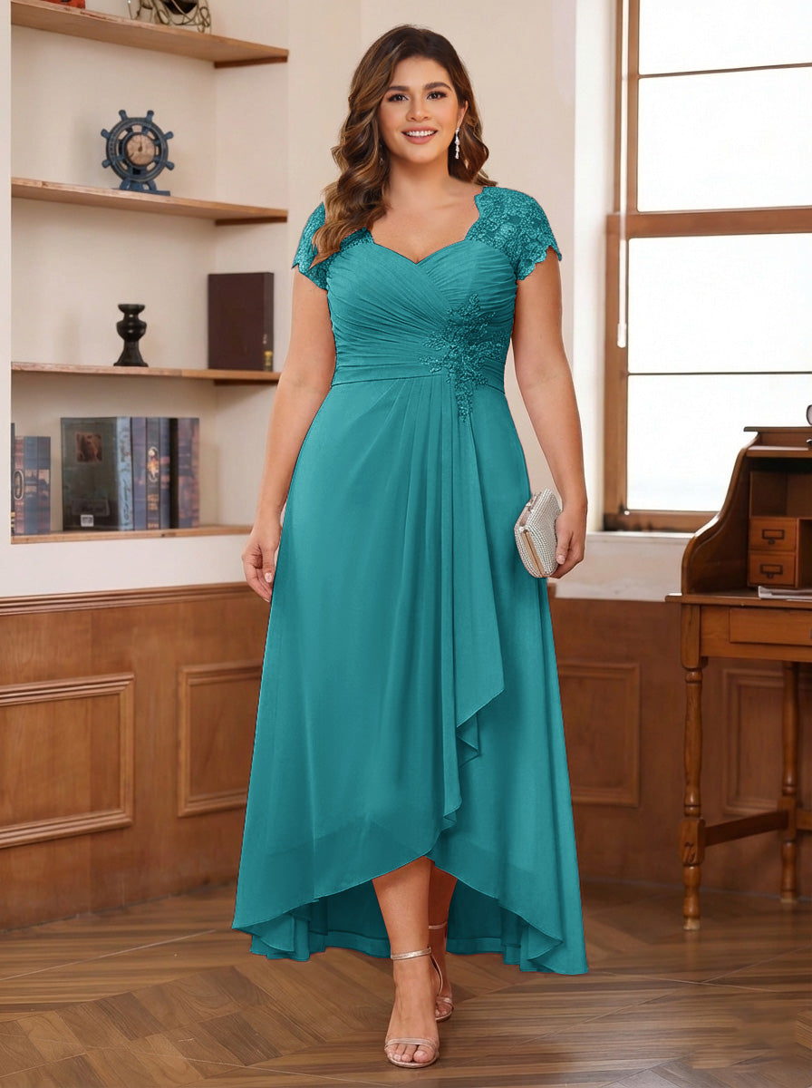 A-Line/Princess Sweetheart Short Sleeves Asymmetrical Plus Size Mother of the Bride Dresses with Appliques &amp; Ruffles