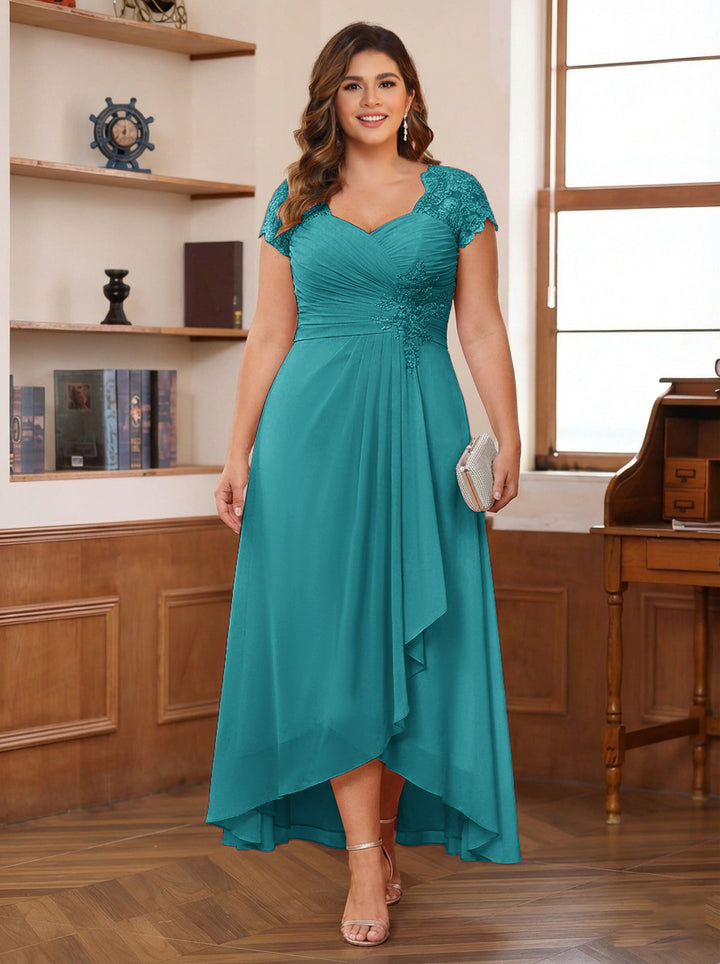 A-Line/Princess Sweetheart Short Sleeves Asymmetrical Plus Size Mother of the Bride Dresses with Appliques &amp; Ruffles