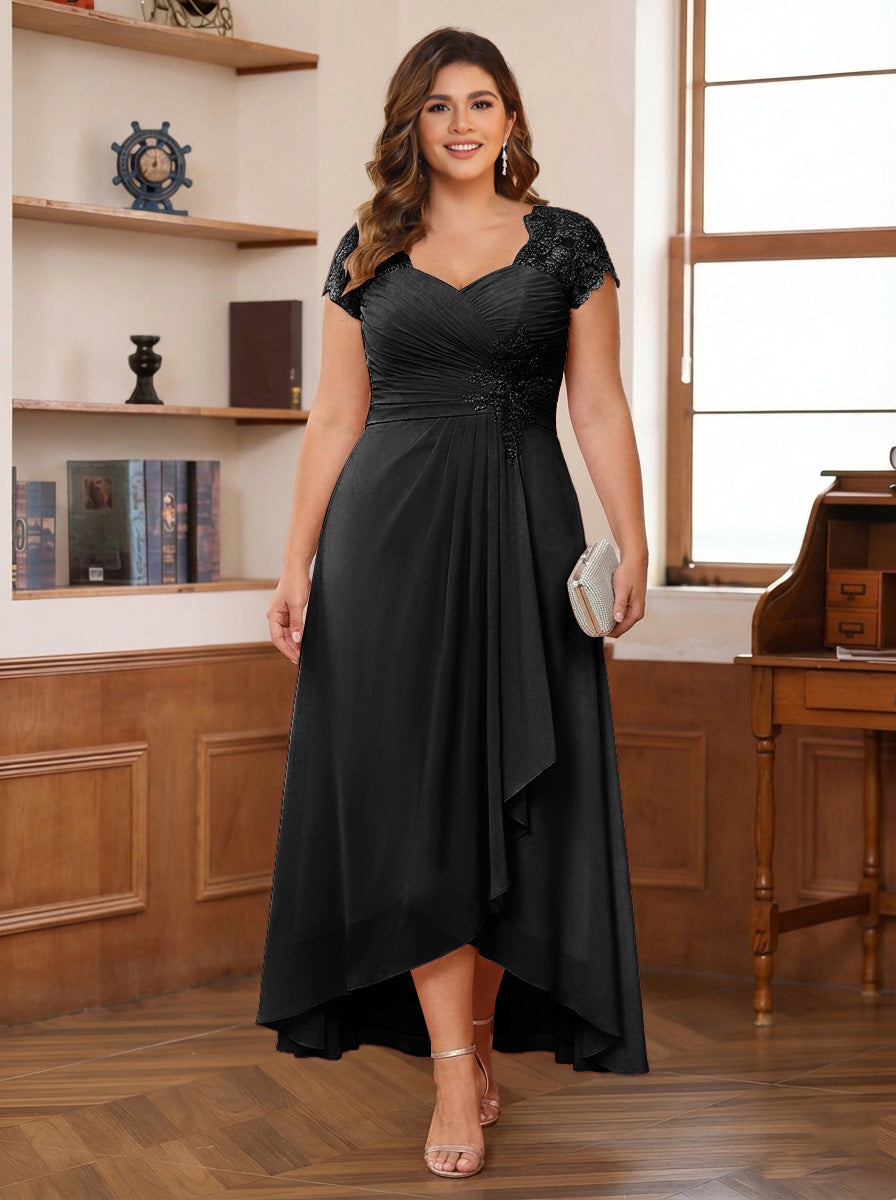 A-Line/Princess Sweetheart Short Sleeves Asymmetrical Plus Size Mother of the Bride Dresses with Appliques &amp; Ruffles