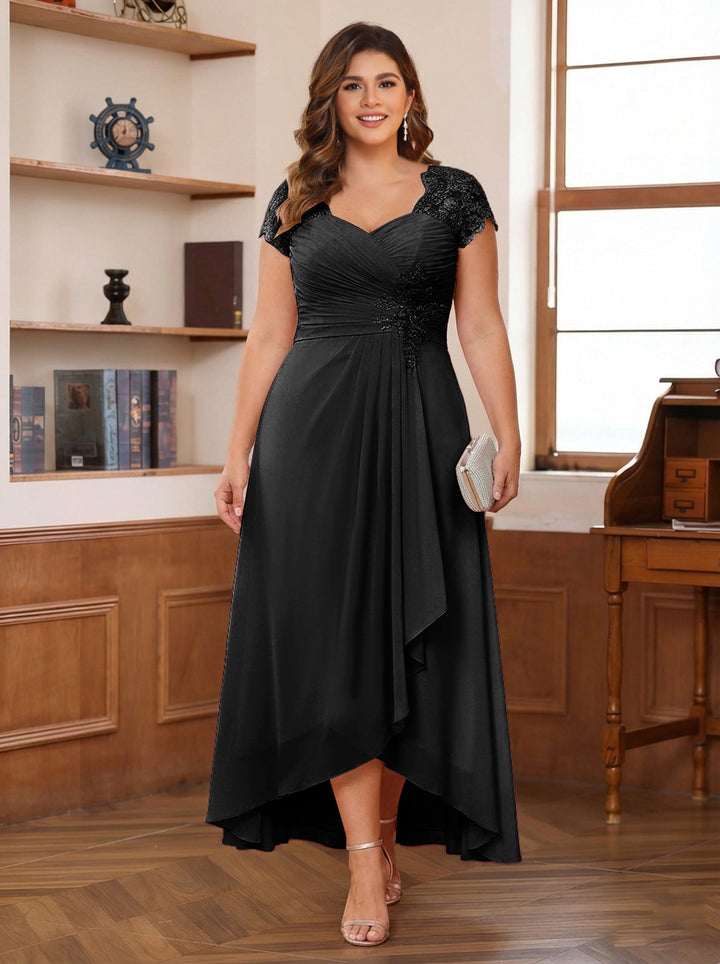 A-Line/Princess Sweetheart Short Sleeves Asymmetrical Plus Size Mother of the Bride Dresses with Appliques &amp; Ruffles