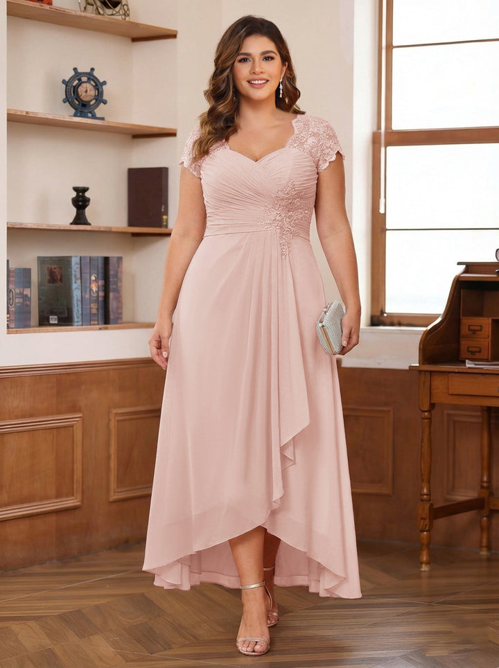 A-Line/Princess Sweetheart Short Sleeves Asymmetrical Plus Size Mother of the Bride Dresses with Appliques &amp; Ruffles