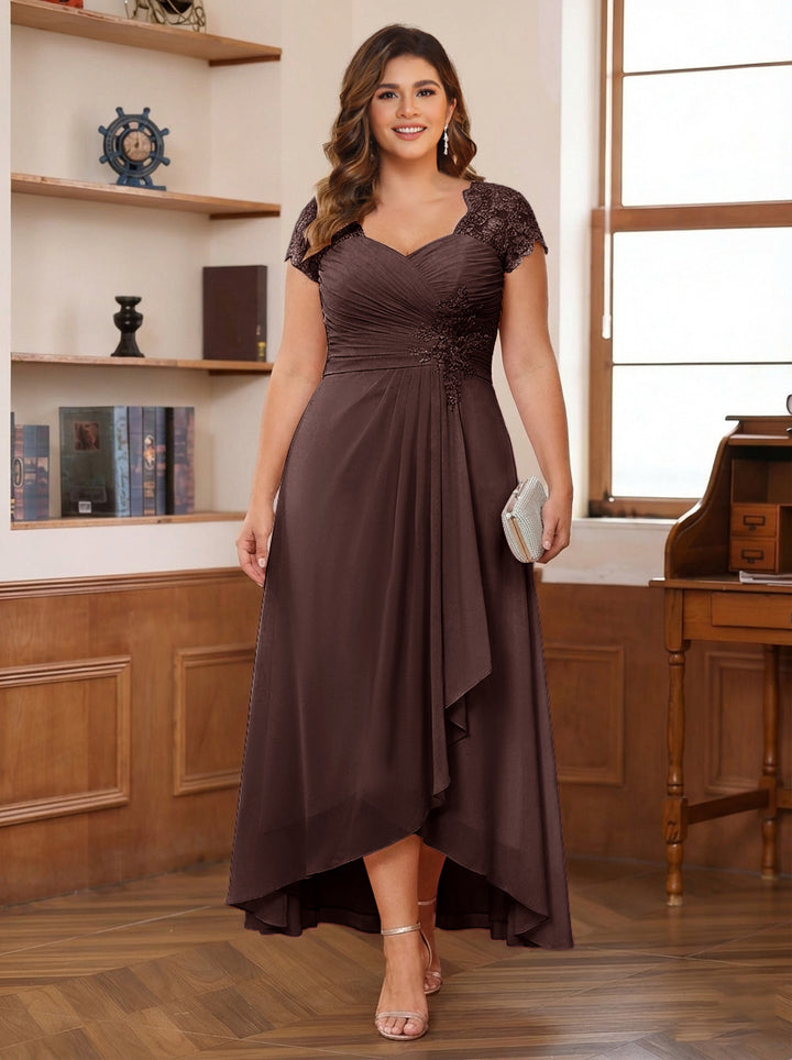 A-Line/Princess Sweetheart Short Sleeves Asymmetrical Plus Size Mother of the Bride Dresses with Appliques &amp; Ruffles