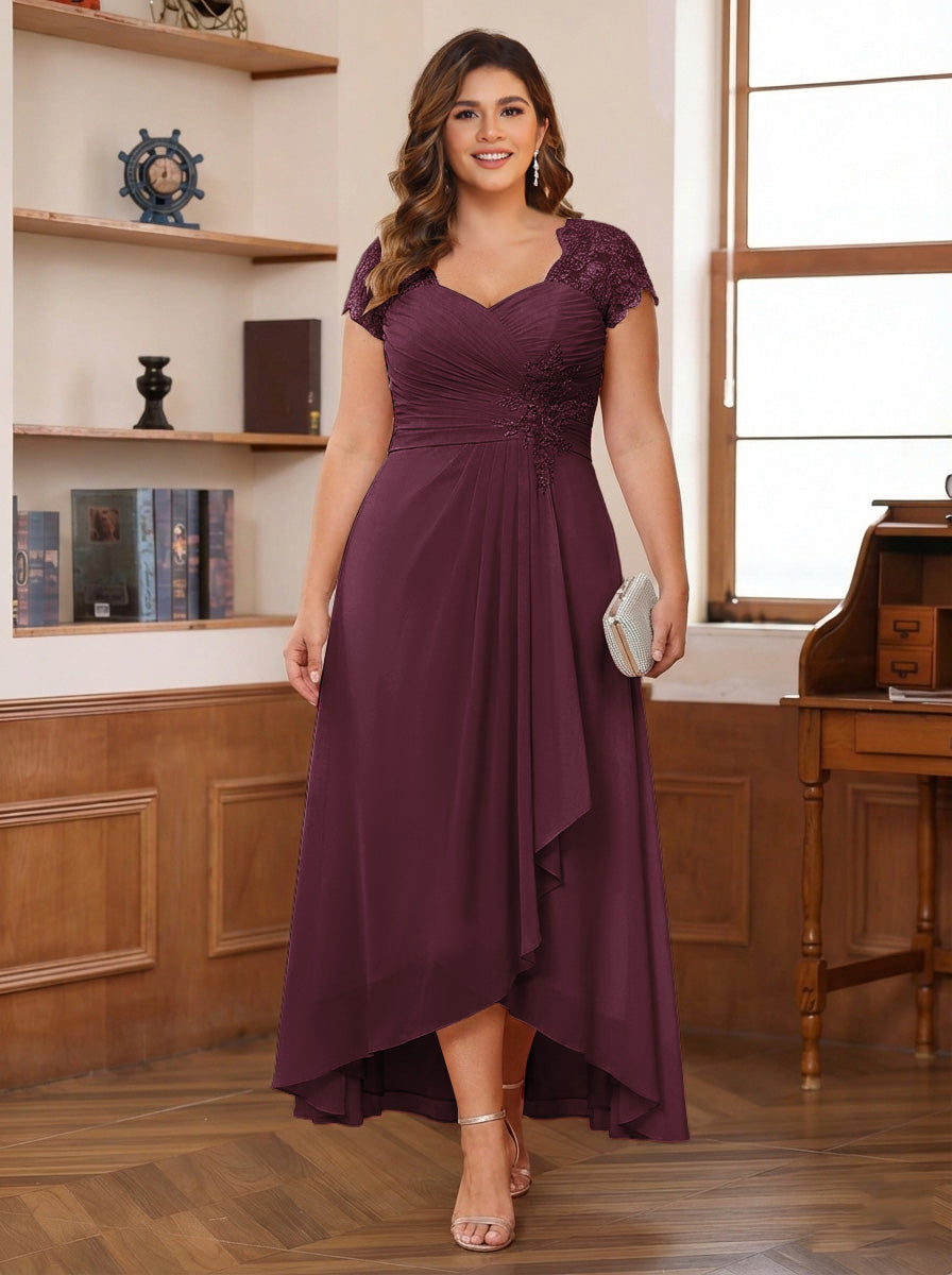 A-Line/Princess Sweetheart Short Sleeves Asymmetrical Plus Size Mother of the Bride Dresses with Appliques &amp; Ruffles