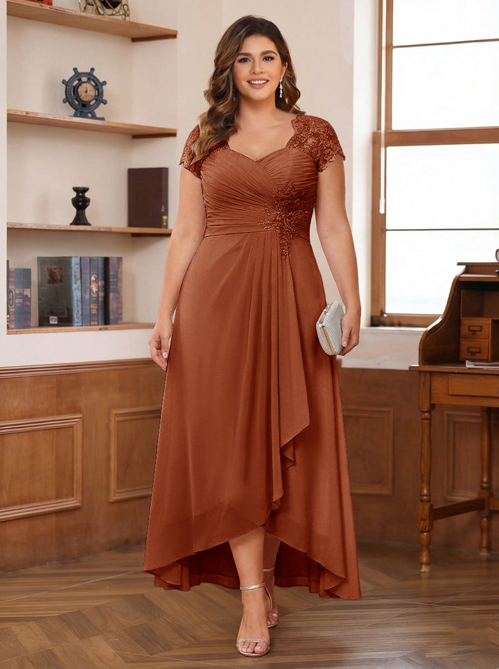 A-Line/Princess Sweetheart Short Sleeves Asymmetrical Plus Size Mother of the Bride Dresses with Appliques &amp; Ruffles