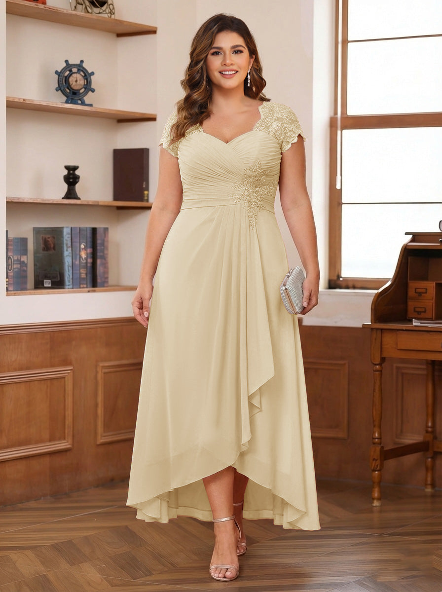 A-Line/Princess Sweetheart Short Sleeves Asymmetrical Plus Size Mother of the Bride Dresses with Appliques &amp; Ruffles