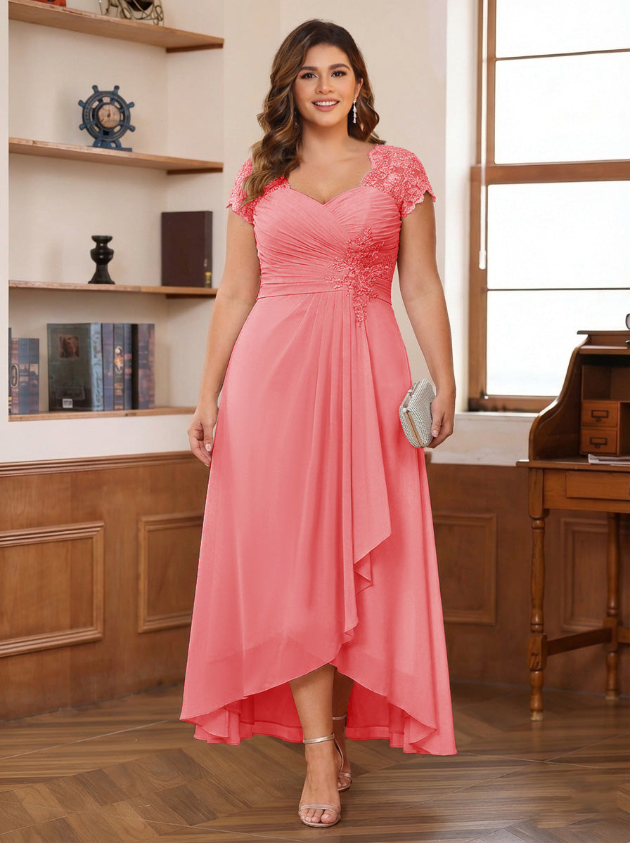 A-Line/Princess Sweetheart Short Sleeves Asymmetrical Plus Size Mother of the Bride Dresses with Appliques &amp; Ruffles