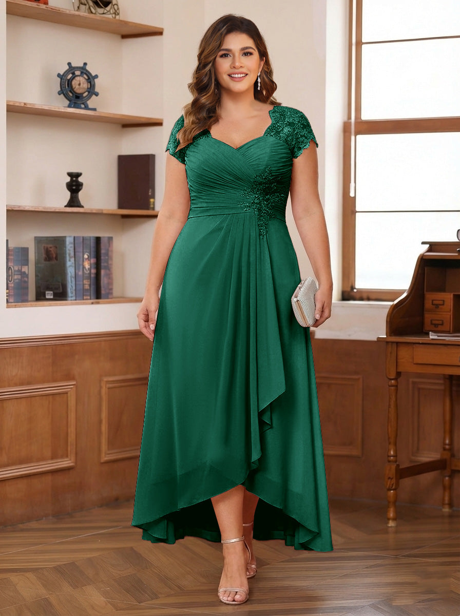 A-Line/Princess Sweetheart Short Sleeves Asymmetrical Plus Size Mother of the Bride Dresses with Appliques &amp; Ruffles