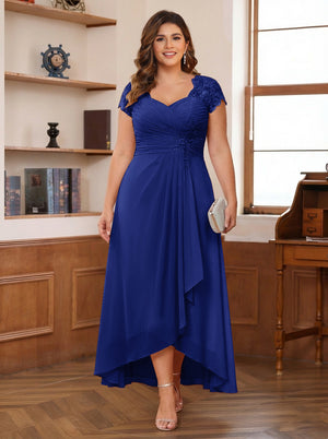 A-Line/Princess Sweetheart Short Sleeves Asymmetrical Plus Size Mother of the Bride Dresses with Appliques & Ruffles