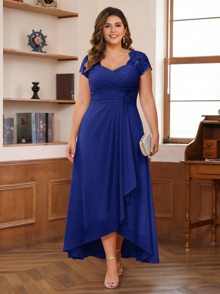 A-Line/Princess Sweetheart Short Sleeves Asymmetrical Plus Size Mother of the Bride Dresses with Appliques &amp; Ruffles