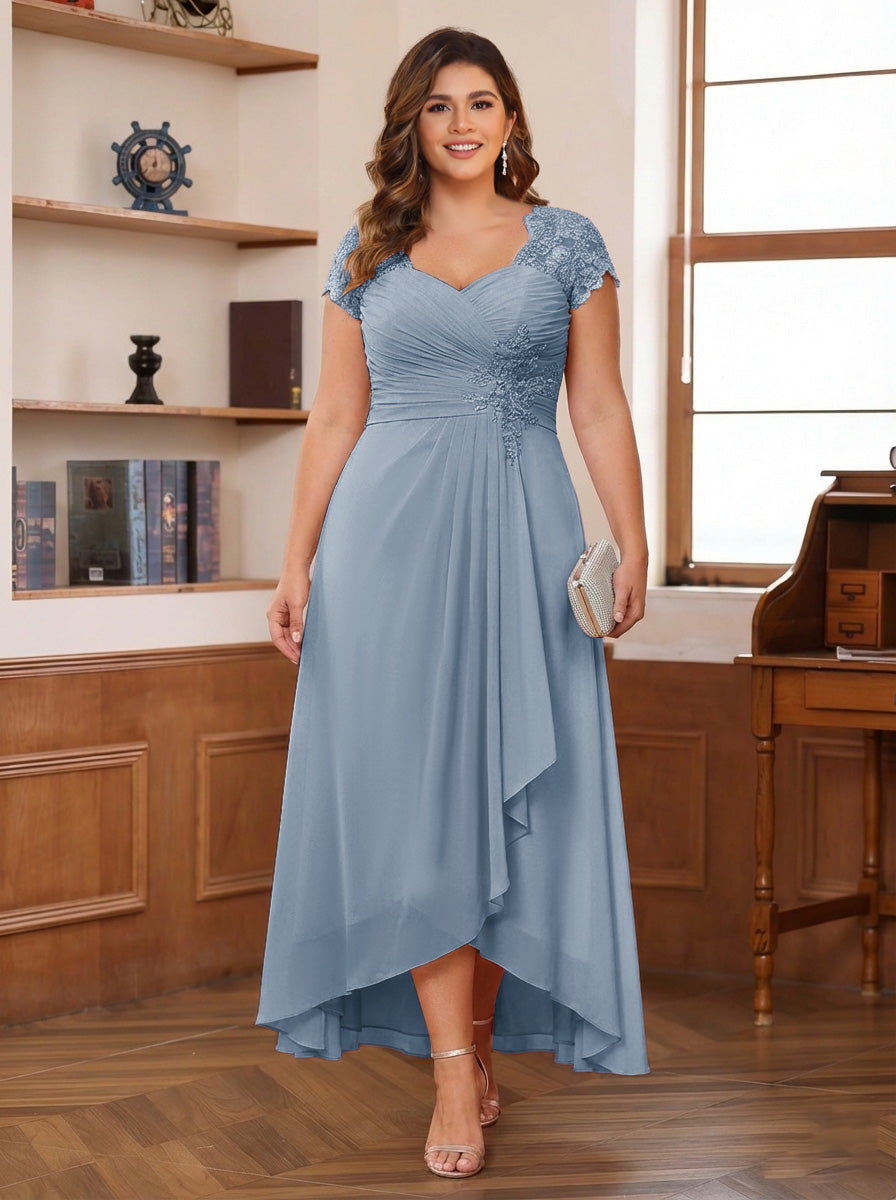 A-Line/Princess Sweetheart Short Sleeves Asymmetrical Plus Size Mother of the Bride Dresses with Appliques &amp; Ruffles