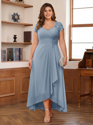 A-Line/Princess Sweetheart Short Sleeves Asymmetrical Plus Size Mother of the Bride Dresses with Appliques & Ruffles
