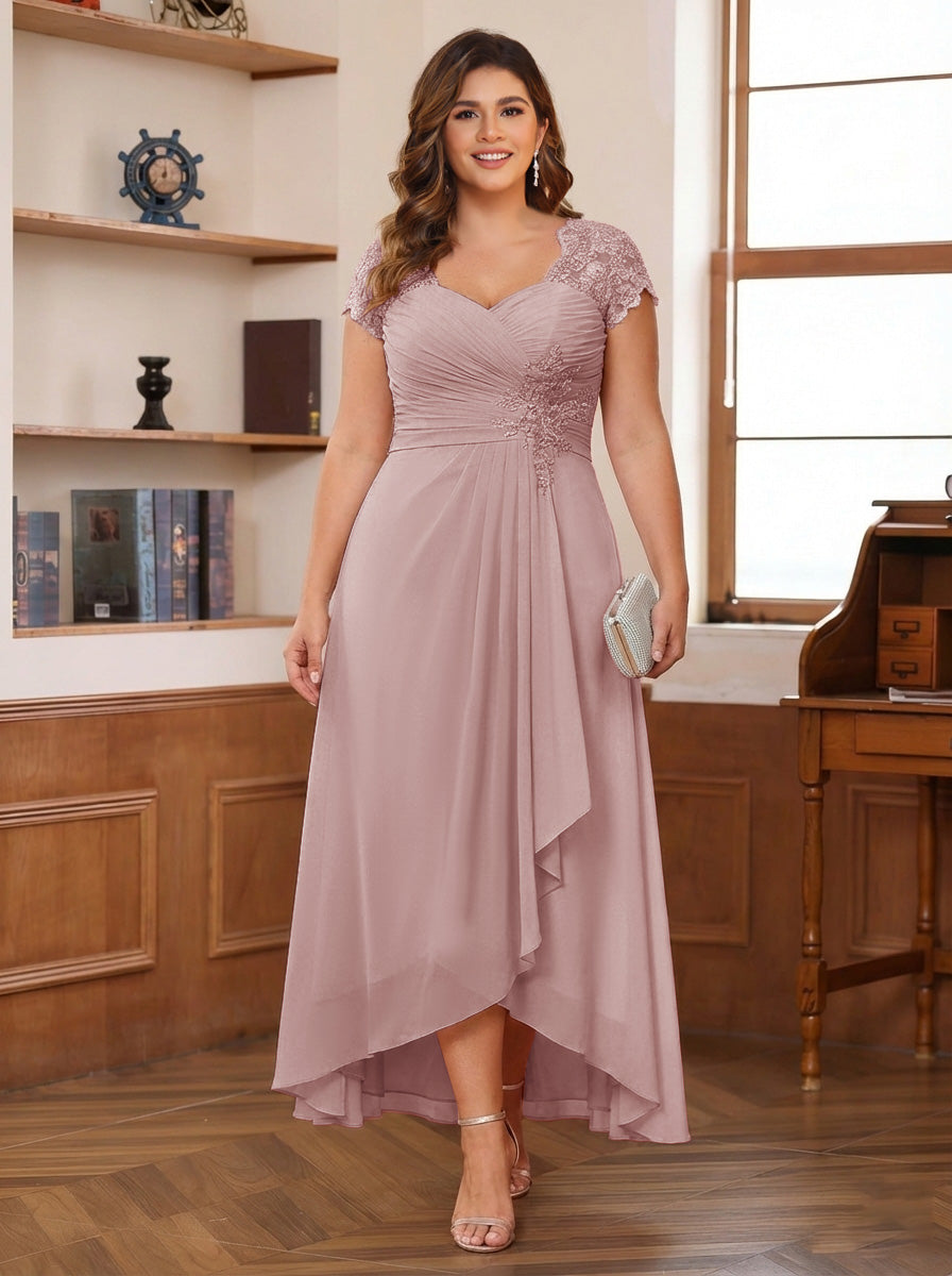 A-Line/Princess Sweetheart Short Sleeves Asymmetrical Plus Size Mother of the Bride Dresses with Appliques &amp; Ruffles