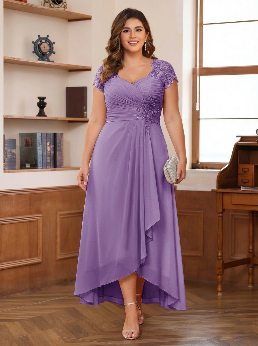 A-Line/Princess Sweetheart Short Sleeves Asymmetrical Plus Size Mother of the Bride Dresses with Appliques &amp; Ruffles