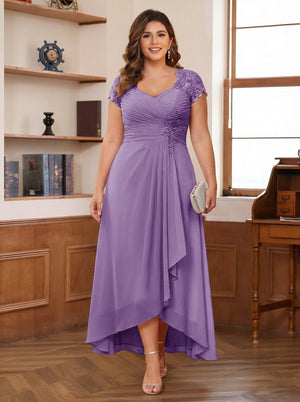 A-Line/Princess Sweetheart Short Sleeves Asymmetrical Plus Size Mother of the Bride Dresses with Appliques & Ruffles