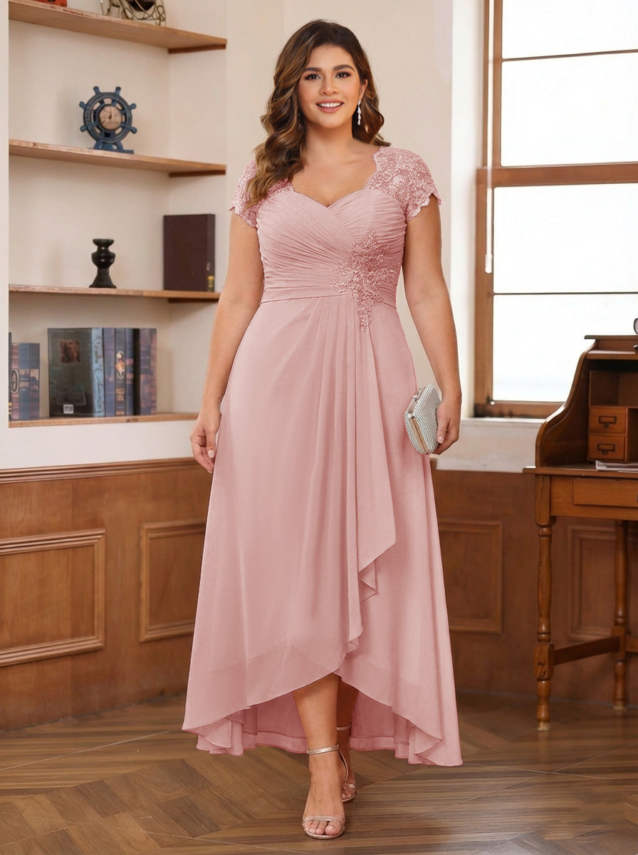 A-Line/Princess Sweetheart Short Sleeves Asymmetrical Plus Size Mother of the Bride Dresses with Appliques &amp; Ruffles