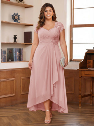 A-Line/Princess Sweetheart Short Sleeves Asymmetrical Plus Size Mother of the Bride Dresses with Appliques & Ruffles