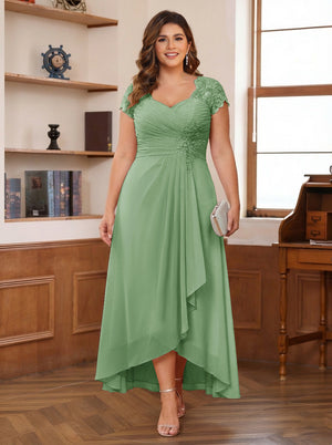 A-Line/Princess Sweetheart Short Sleeves Asymmetrical Plus Size Mother of the Bride Dresses with Appliques & Ruffles