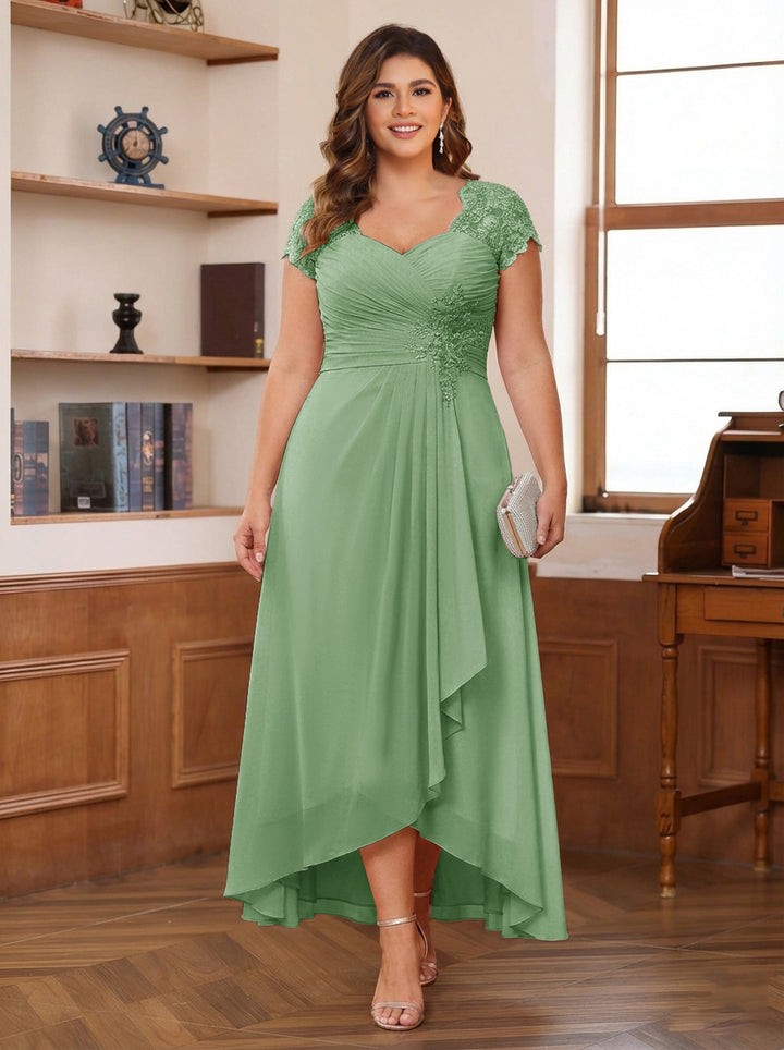 A-Line/Princess Sweetheart Short Sleeves Asymmetrical Plus Size Mother of the Bride Dresses with Appliques &amp; Ruffles