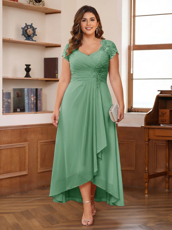 A-Line/Princess Sweetheart Short Sleeves Asymmetrical Plus Size Mother of the Bride Dresses with Appliques &amp; Ruffles