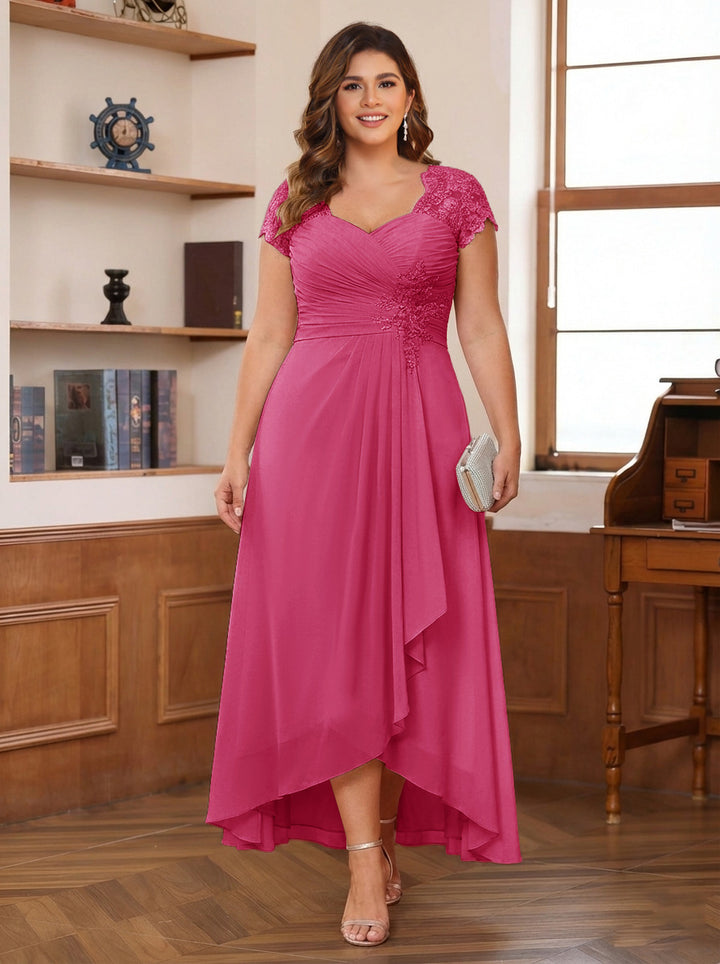 A-Line/Princess Sweetheart Short Sleeves Asymmetrical Plus Size Mother of the Bride Dresses with Appliques &amp; Ruffles