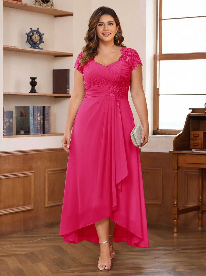 A-Line/Princess Sweetheart Short Sleeves Asymmetrical Plus Size Mother of the Bride Dresses with Appliques &amp; Ruffles