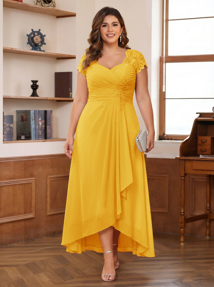 A-Line/Princess Sweetheart Short Sleeves Asymmetrical Plus Size Mother of the Bride Dresses with Appliques &amp; Ruffles