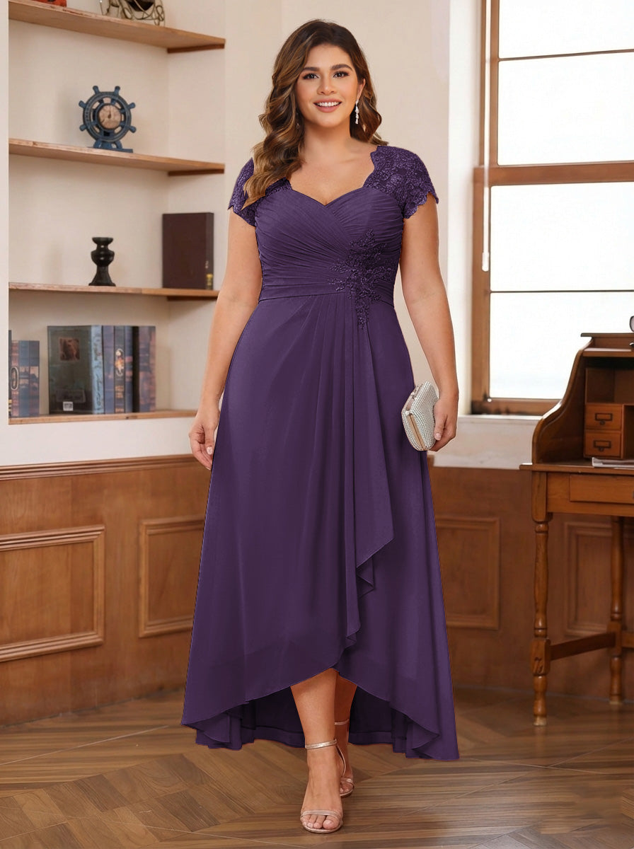 A-Line/Princess Sweetheart Short Sleeves Asymmetrical Plus Size Mother of the Bride Dresses with Appliques &amp; Ruffles