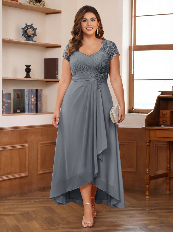 A-Line/Princess Sweetheart Short Sleeves Asymmetrical Plus Size Mother of the Bride Dresses with Appliques &amp; Ruffles