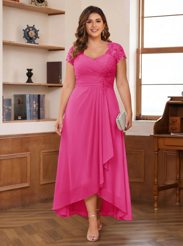 A-Line/Princess Sweetheart Short Sleeves Asymmetrical Plus Size Mother of the Bride Dresses with Appliques &amp; Ruffles