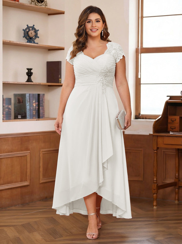 A-Line/Princess Sweetheart Short Sleeves Asymmetrical Plus Size Mother of the Bride Dresses with Appliques &amp; Ruffles