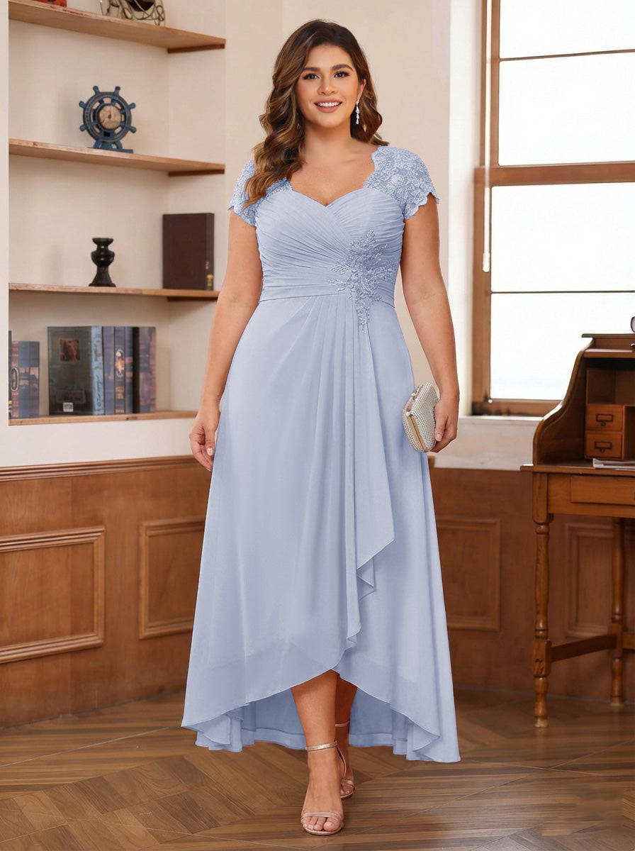 A-Line/Princess Sweetheart Short Sleeves Asymmetrical Plus Size Mother of the Bride Dresses with Appliques &amp; Ruffles
