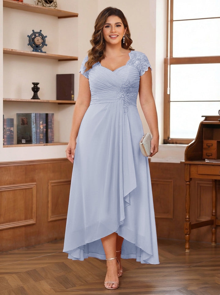 A-Line/Princess Sweetheart Short Sleeves Asymmetrical Plus Size Mother of the Bride Dresses with Appliques &amp; Ruffles