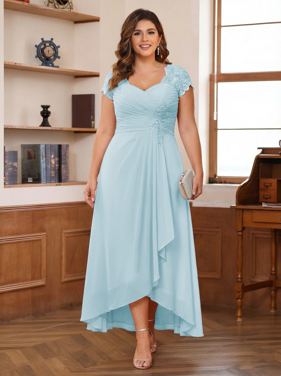 A-Line/Princess Sweetheart Short Sleeves Asymmetrical Plus Size Mother of the Bride Dresses with Appliques &amp; Ruffles